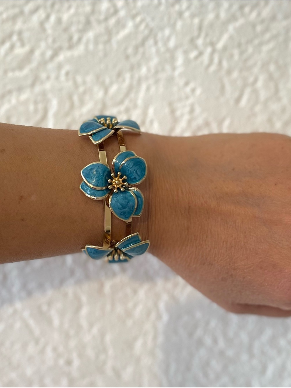 Gold-Tone Bracelet with Blue Enamel Flower Accents